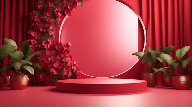 A red circle with a red background and a plant in the corner.