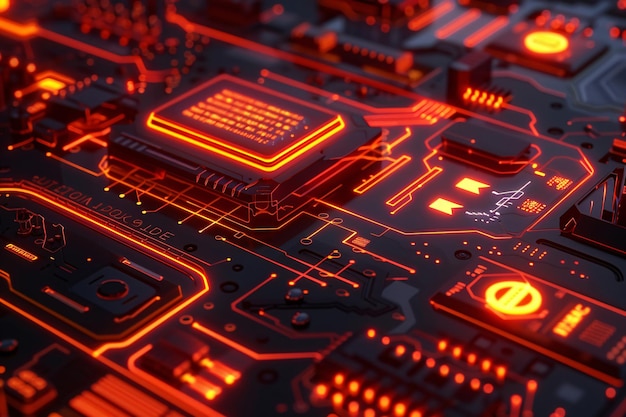 a red circuit board with the red light on itBig data technology information flow 3D background digi