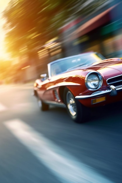 A red classic car is driving down a street.