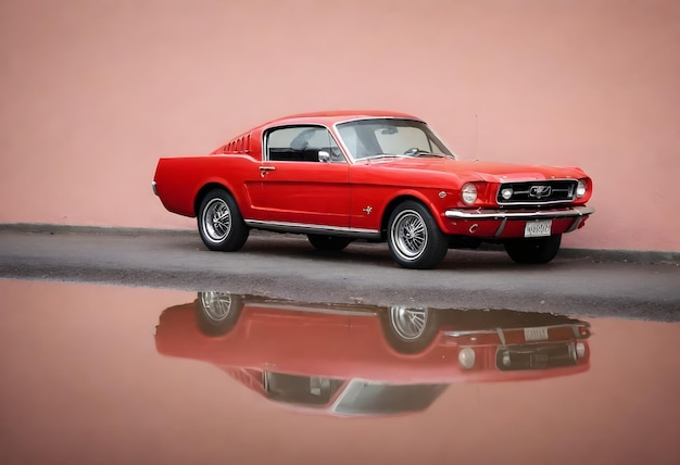 Red classic car parked next to a wall with its reflection on a water puddle