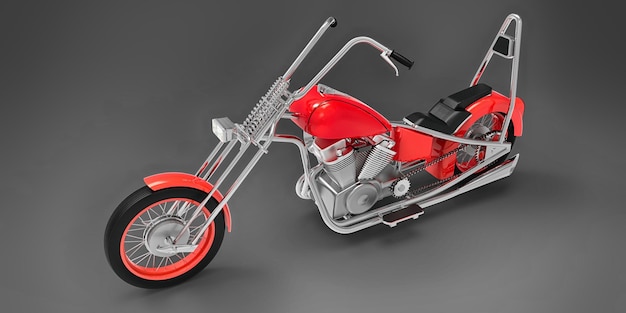 Red classic custom motorbike isolated on grey background. 3d rendring.