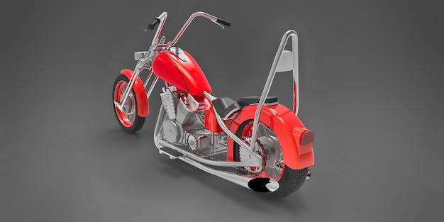 Red classic custom motorbike isolated on grey background. 3d rendring.