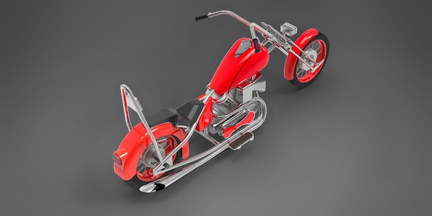 Red classic custom motorbike isolated on grey background. 3d rendring.