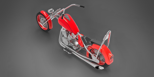 Red classic custom motorbike isolated on grey background. 3d rendring.