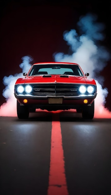 red classic muscle car with glowing headlights surrounded by red smoke against a dark background