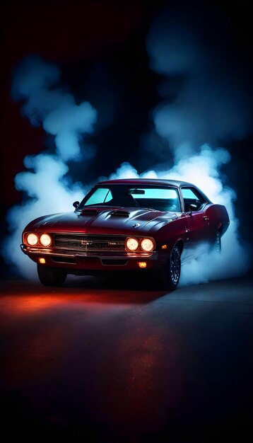 red classic muscle car with glowing headlights surrounded by red smoke against a dark background