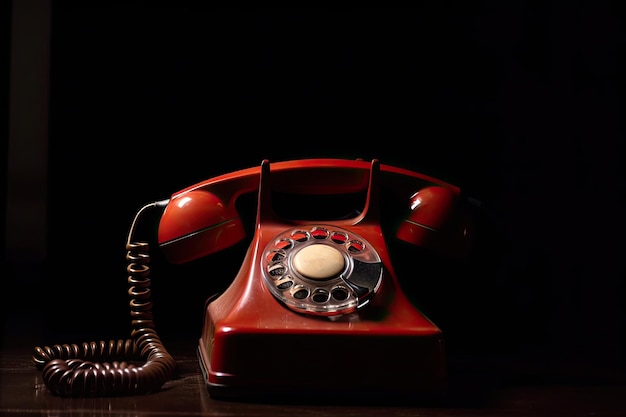 A red classic retro telephone with dark background