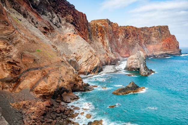 Red cliffs and blue sea at San Lorenzo cape on Madeira island