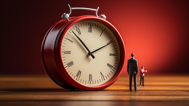 Photo a red clock with a man standing in front of it and a man in a suit looking at the clock.