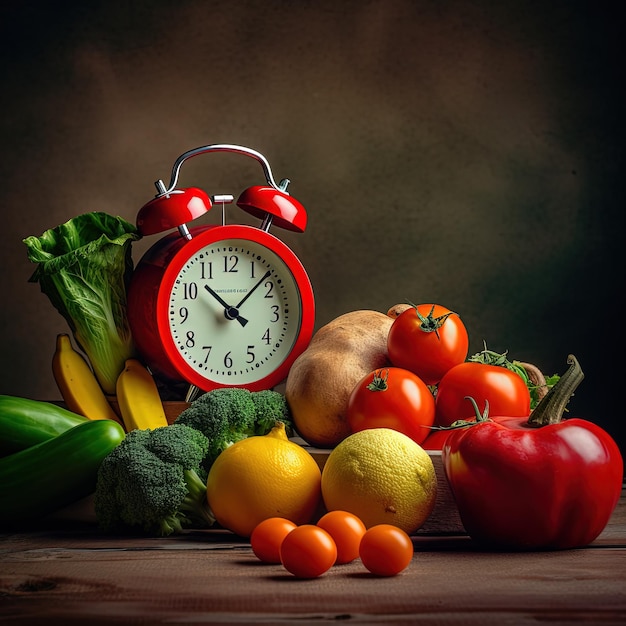 A red clock with the time of 6 : 05 is surrounded by vegetables.