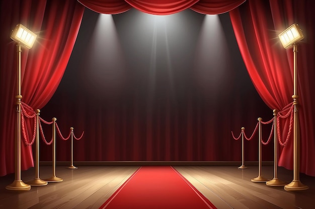 Red closed curtain in hall for ceremony Golden fencing and red carpet leading to the stage with spotlight and the inscription