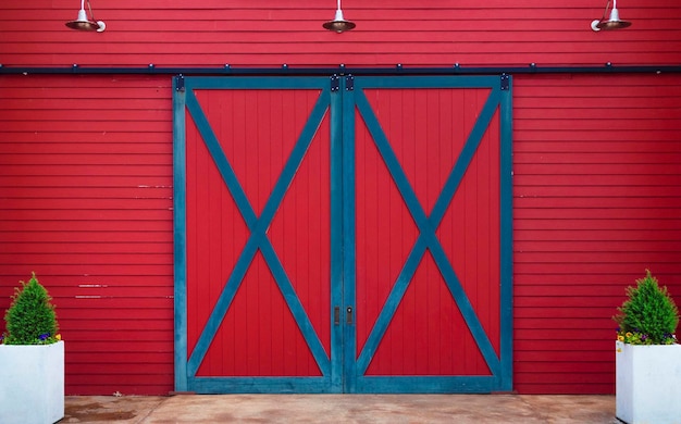 Red closed door of building