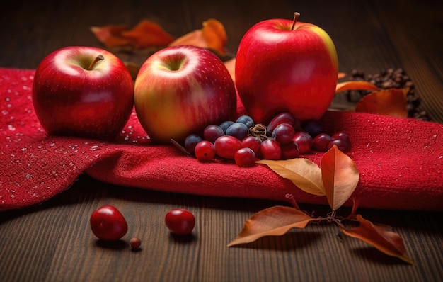 Красная ткань с яблоками и ягодами на ней
