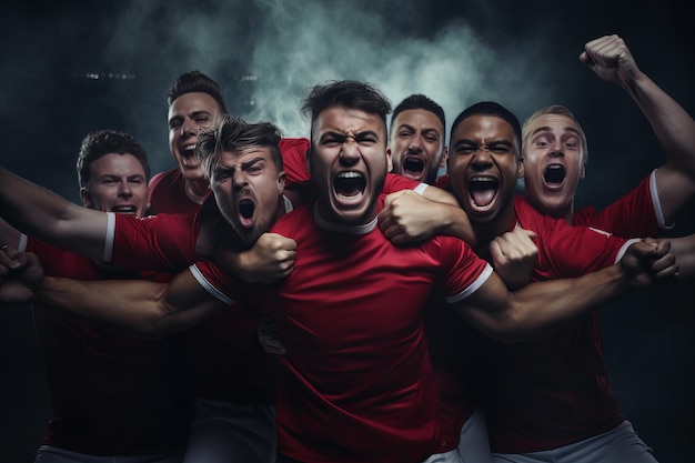 赤い服を着て勝利を祝うサッカー選手のグループ美しいイラスト画像