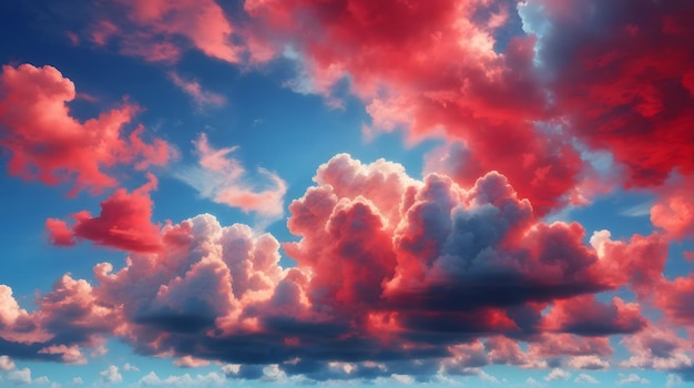 빨간 구름과 파란 하늘 현실적인 구름이 가득한 하늘 배경 낮빛 구름이 가득한 하늘 풍경 구름이 가득한 하늘 배경 태양빛 AI 생성