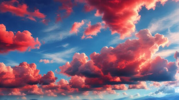 빨간 구름과 파란 하늘 현실적인 구름이 가득한 하늘 배경 낮빛 구름이 가득한 하늘 풍경 구름이 가득한 하늘 배경 태양빛 AI 생성