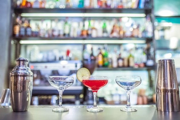 The red cocktail on the bar counter