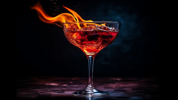 A red cocktail with flames coming out of it