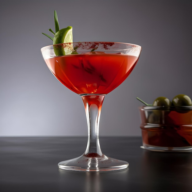 A red cocktail with a green pepper on the rim sits next to a glass of red wine.