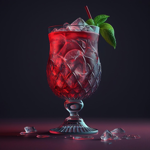 Foto un cocktail rosso con cubetti di ghiaccio e una foglia di menta sul fondo.