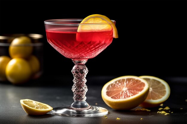 A red cocktail with a lemon wedge on the rim