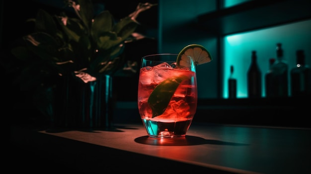 A red cocktail with a lime on the rim sits on a bar counter.