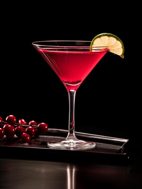 a red cocktail with a lime slice on the rim