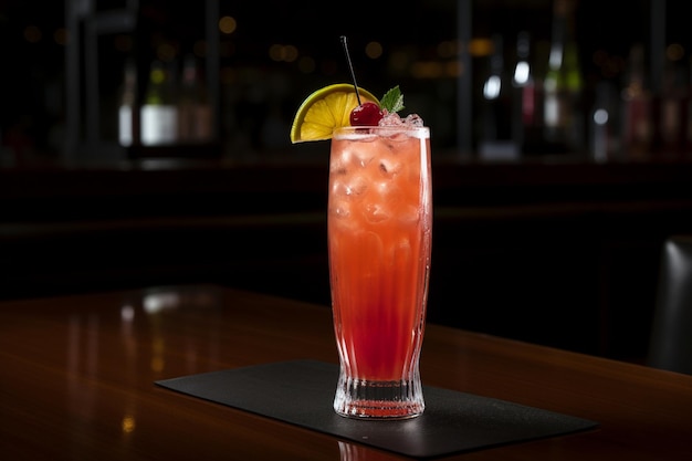 A red cocktail with a lime wedge on the rim sits on a bar.