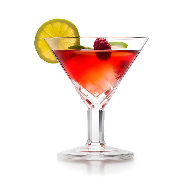 A red cocktail with a lime wedge on the rim