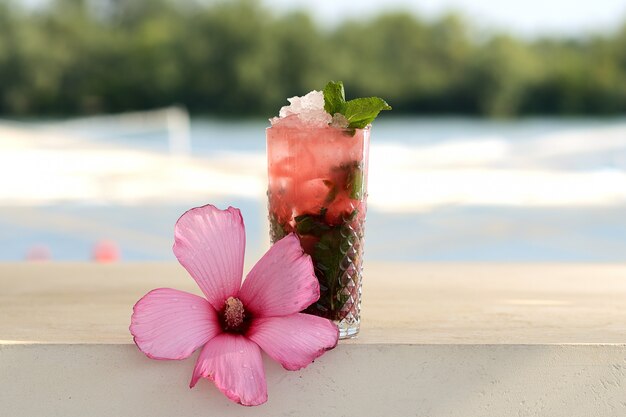 Red cocktail with mint and ice in a glass beaker. mojito with flower decor