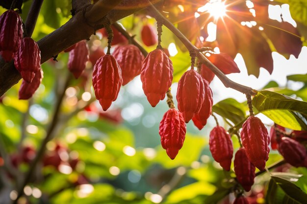 Photo red cocoa pod on tree in the field cocoa theobroma cacao l is a cultivated tree in plantations