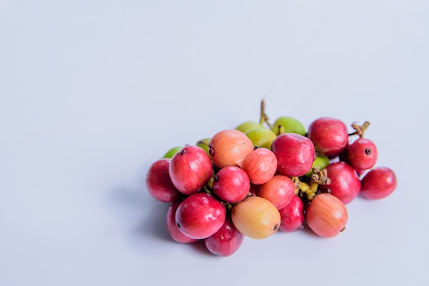 Red coffee beans placed on a white background.