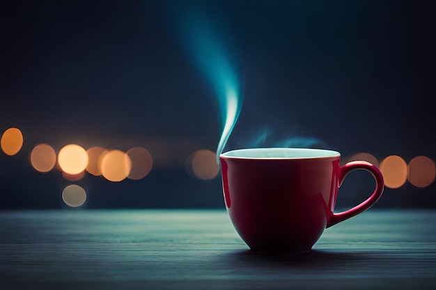 a red coffee cup with a white handle on a wooden table