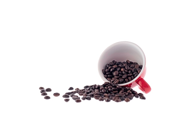 Red coffee mugs and coffee beans isolated on a white background