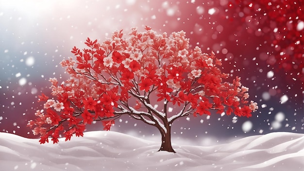 Красный цветочный дизайн фона с реалистичными снежными блестящими обоями, созданными AI