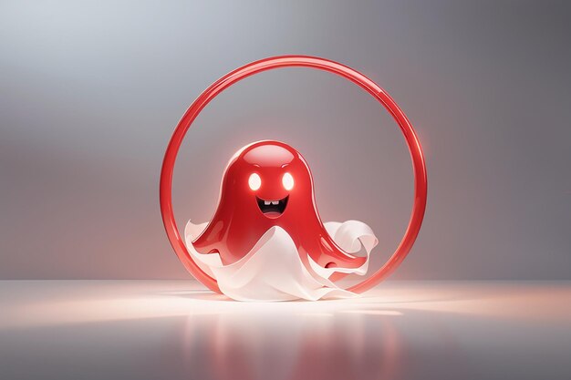 A red color ghost logo with a cute and playful expression floating against a stark white paper background