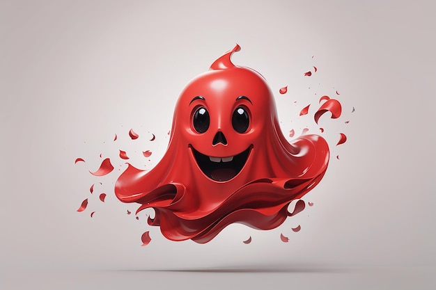 Логотип-призрак красного цвета с милым и игривым выражением лица, плавающий на ярком фоне белой бумаги.