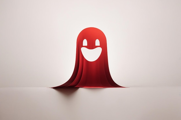 白い紙の背景に浮かぶ可愛くて遊び心のある赤い色の幽霊のロゴ