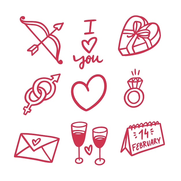 Photo red color hand drawn love doodle elements icons set