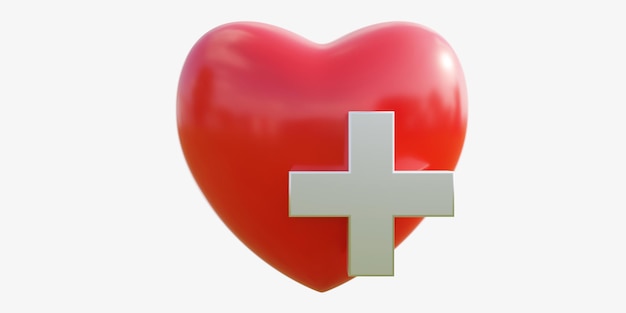 Red Color Heart Shape with white cross on isolated cutout on white background 3d render