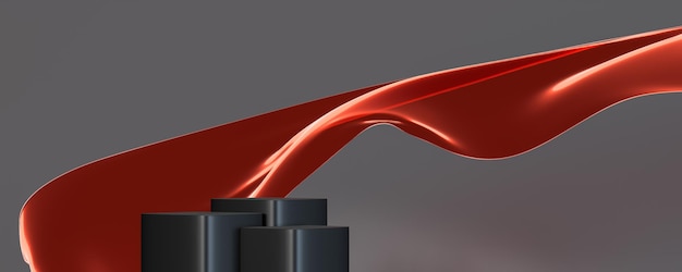 写真 赤い色の表彰台とオーラの赤い布の飛行波ブランディングと製品のプレゼンテーションのための豪華な背景 3 d レンダリング図