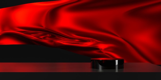 ブランディングと製品プレゼンテーションの 3 d レンダリング図の波の豪華な背景を飛んでいる赤い布の赤い色の表彰台