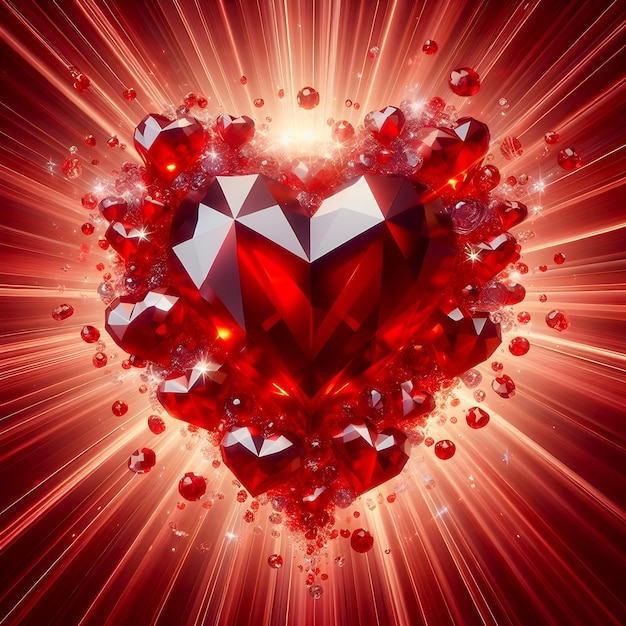 Red Color Shiny crystal love hearts on radial background