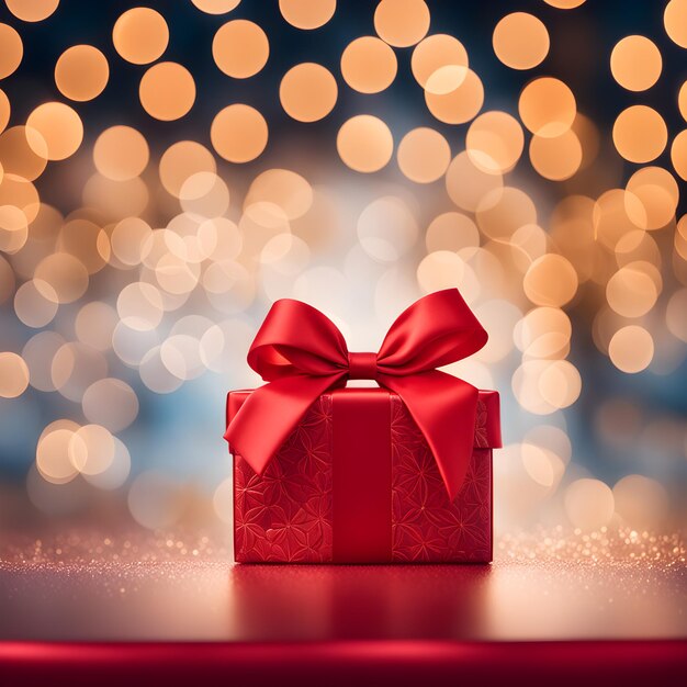 Photo red colored gift box with satin bow on bokeh background