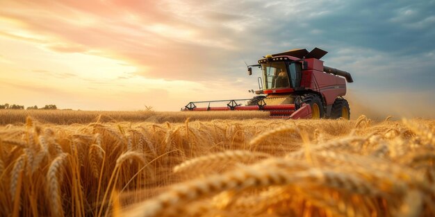 Red Combine Truck Driving Through Wheat Field