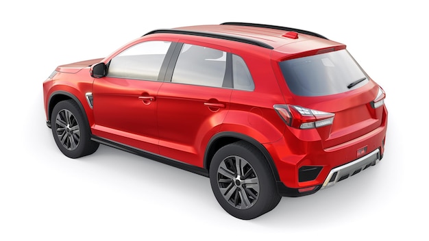 Red compact urban SUV on a white uniform background with a blank body for your design 3d rendering