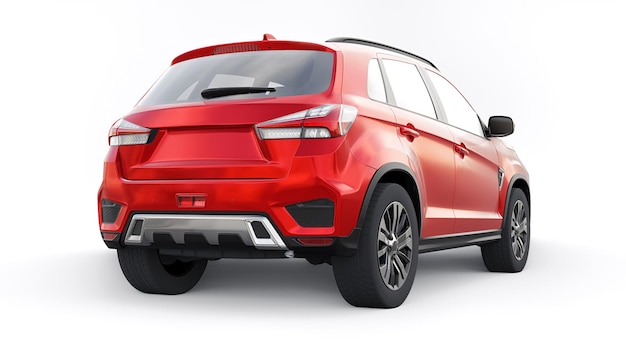 Red compact urban SUV on a white uniform background with a blank body for your design 3d rendering