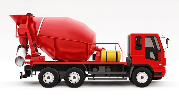 Red concrete mixer truck white background. Three-dimensional illustration of construction equipment. 3d rendering.