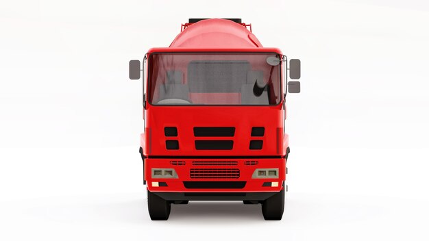 Red concrete mixer truck white background. Three-dimensional illustration of construction equipment. 3d rendering.