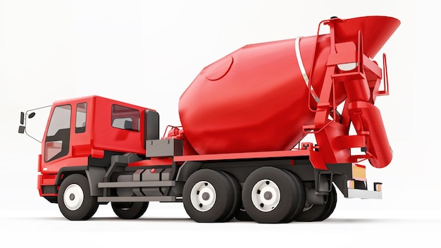 Red concrete mixer truck white background Threedimensional illustration of construction equipment